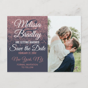Rose Gold Glitter Sparkles Navy Blue Save Dates Announcement Postcard