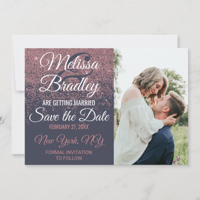 Rose Gold Glitter Sparkles Navy Blue Save Dates Invitation (Front)