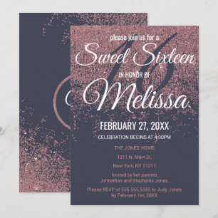 Rose Gold Glitter Sparkles Navy Blue Sweet 16 Invitation