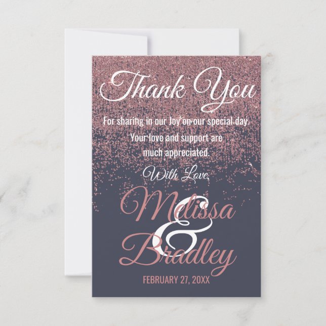 Rose Gold Glitter Sparkles Navy Blue Thank You Card (Front)