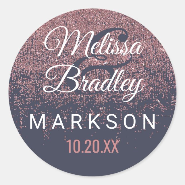 Rose Gold Glitter Sparkles Navy Blue Wedding Classic Round Sticker (Front)