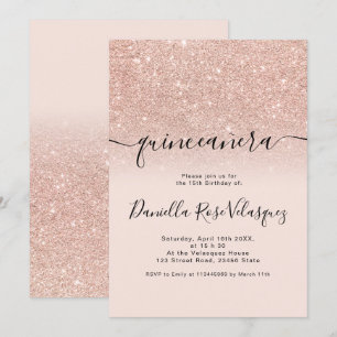 Rose gold glitter sparkles pink ombre quinceanera invitation