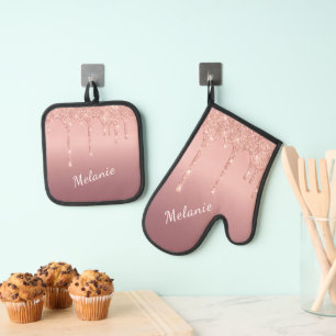 Rose Gold Glitter Sparkly Custom Name Personalized Oven Mitt & Pot Holder Set