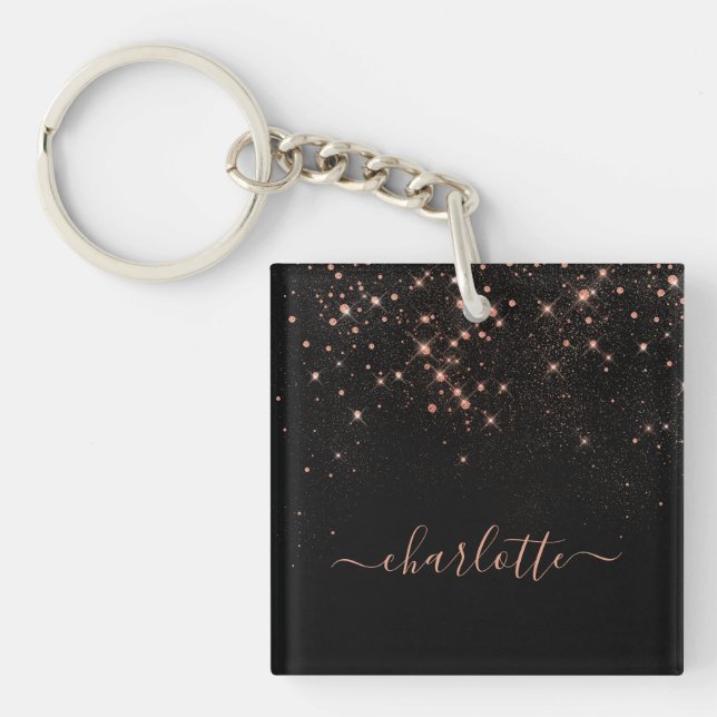 Rose Gold Glitter Sparkly Elegant Glamourous Scrip Keychain (Front)