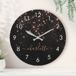 Rose Gold Glitter Sparkly Elegant Glamourous Scrip Round Clock<br><div class="desc">Create your own personalized black and rose gold diamond sparkle large clock with your custom modern handwritten script name.</div>