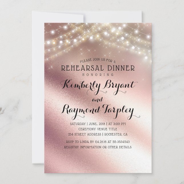 Rose Gold Glitter & Sring Lights Rehearsal Dinner Invitation (Front)