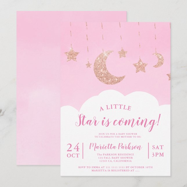 Rose gold glitter star moon cloud pink baby shower invitation (Front/Back)