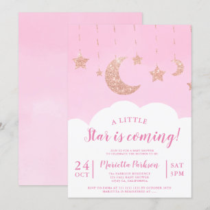 Rose gold glitter star moon cloud pink baby shower invitation