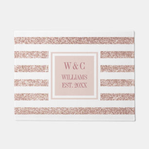 Rose Gold Glitter Stripe Monogram Family Name Doormat