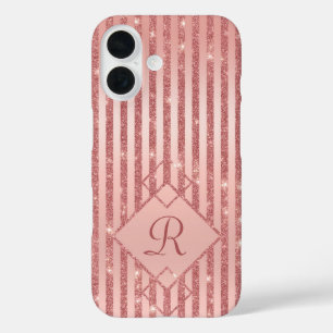 Rose Gold Glitter Stripes Glam Monogram Chic iPhone 16 Case