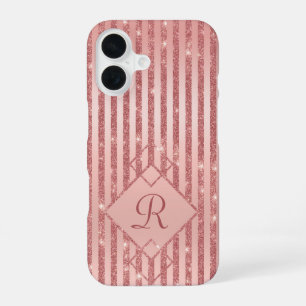 Rose Gold Glitter Stripes Glam Monogram Chic iPhone 16 Case