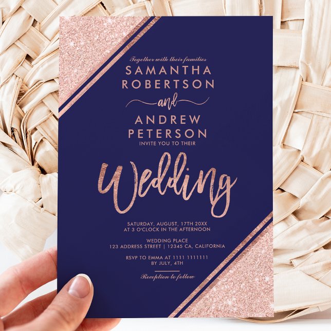 Rose gold glitter stripes script navy blue wedding invitation (Creator Uploaded)