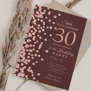 Rose Gold Glitter Surprise 30th Birthday Burgundy Invitation