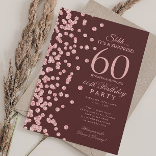 Rose Gold Glitter Surprise 60th Birthday Burgundy Invitation