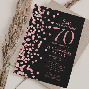 Rose Gold Glitter Surprise 70th Birthday Black Invitation