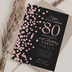  Rose Gold Glitter Surprise 80th Birthday Black Invitation