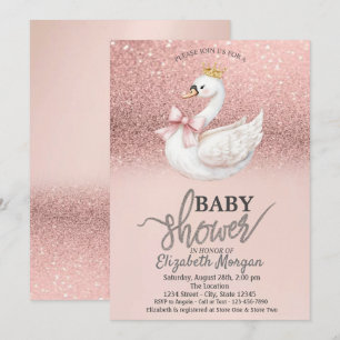 Rose Gold Glitter,Swan Bow Crown Baby Shower  Invitation