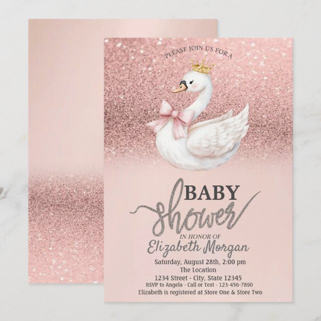 Rose Gold Glitter,Swan Bow Crown Baby Shower  Invitation (Front/Back)