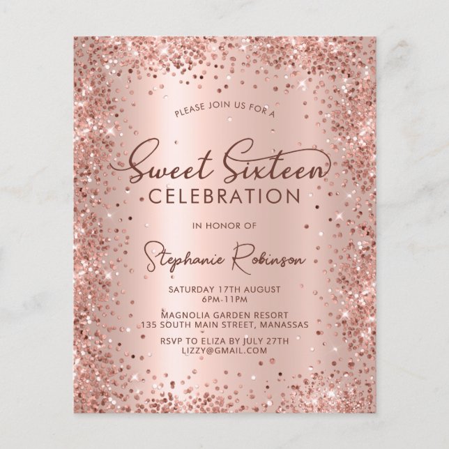 Rose Gold Glitter Sweet 16 Birthday Invitation (Front)