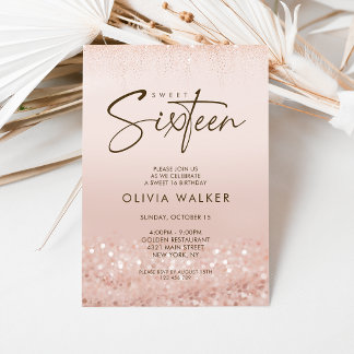 Rose Gold Glitter Sweet 16 Birthday Party Invitation