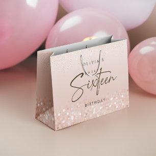 Rose Gold Glitter Sweet 16 Birthday Party Large Gift Bag