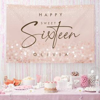 Rose Gold Glitter Sweet 16 Birthday Party Poster Banner