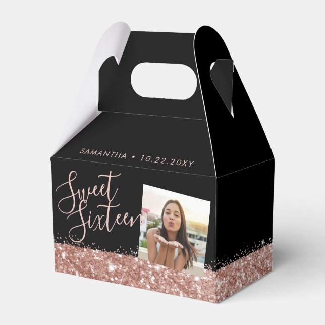 Rose Gold Glitter Sweet 16 Chic Photo  Favor Box (Front Side)