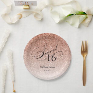 Rose Gold Glitter Sweet 16 Personalized Paper Plate