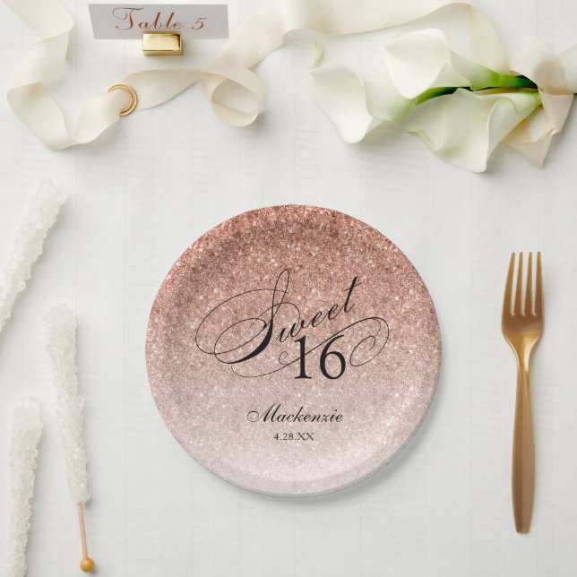 Rose Gold Glitter Sweet 16 Personalized Paper Plate (Wedding)
