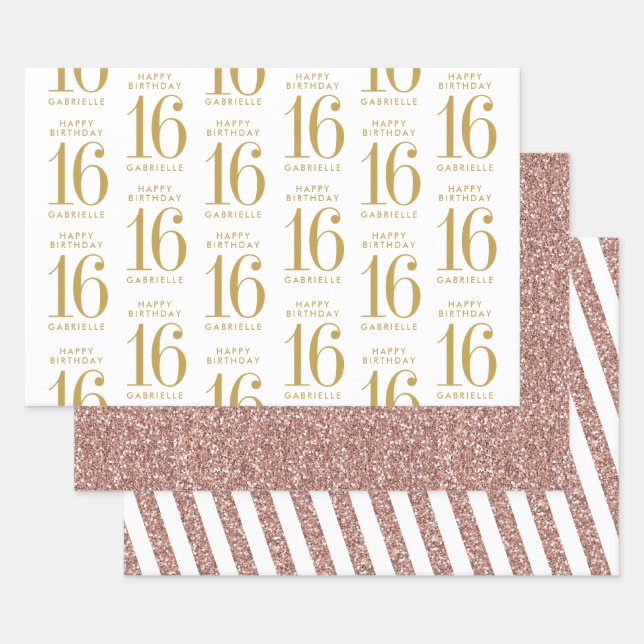 Rose Gold Glitter Sweet 16 Personalized Pink Wrapping Paper Sheet (Set)