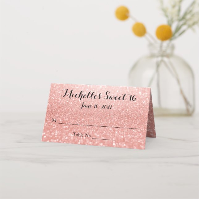 Rose Gold Glitter Sweet 16 Personalized Place Card (Front)
