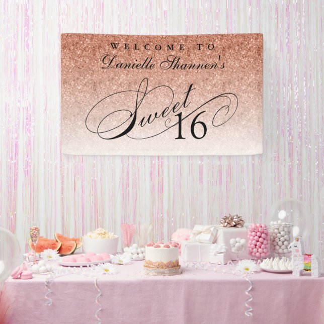 Rose Gold Glitter Sweet 16 Personalized  Welcome Banner (Party)