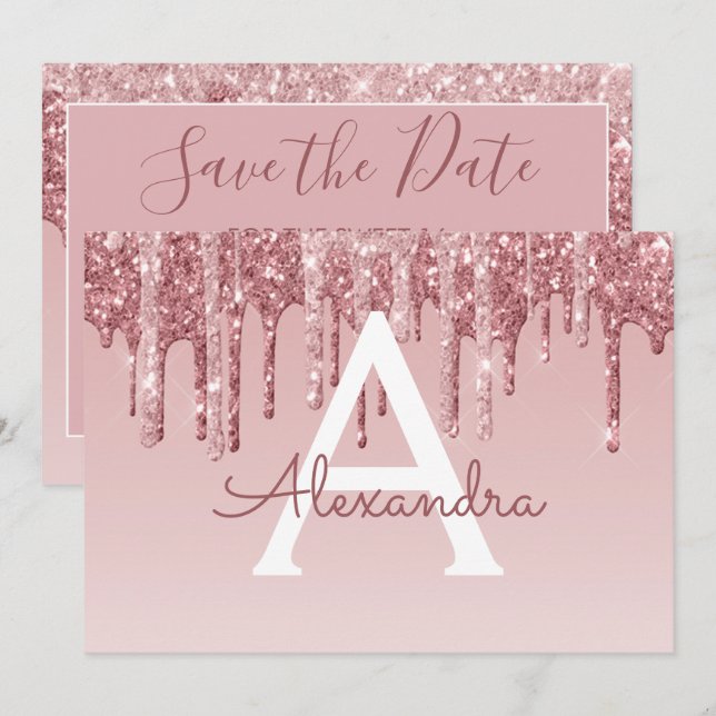 Rose Gold Glitter Sweet 16 Save the Date Invitation (Front/Back)