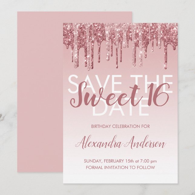 Rose Gold Glitter Sweet 16 Save the Date Invitation (Front/Back)