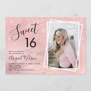 Rose gold glitter sweet sixteen birthday party invitation
