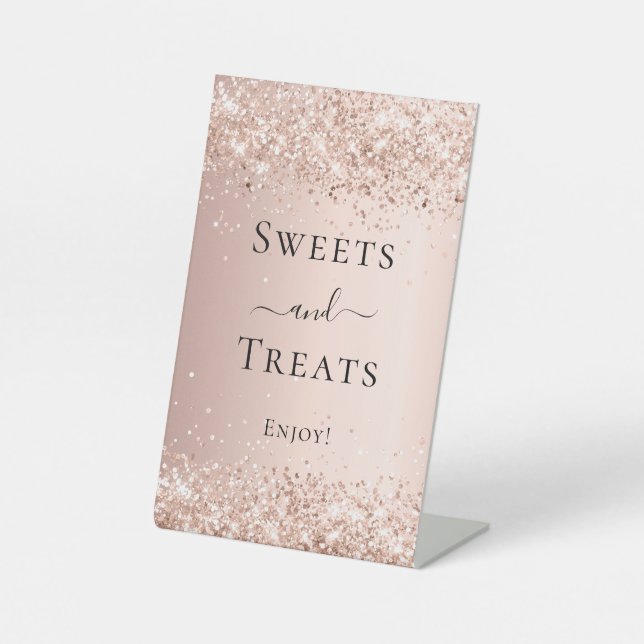 Rose gold glitter sweets treats pedestal sign (Front)