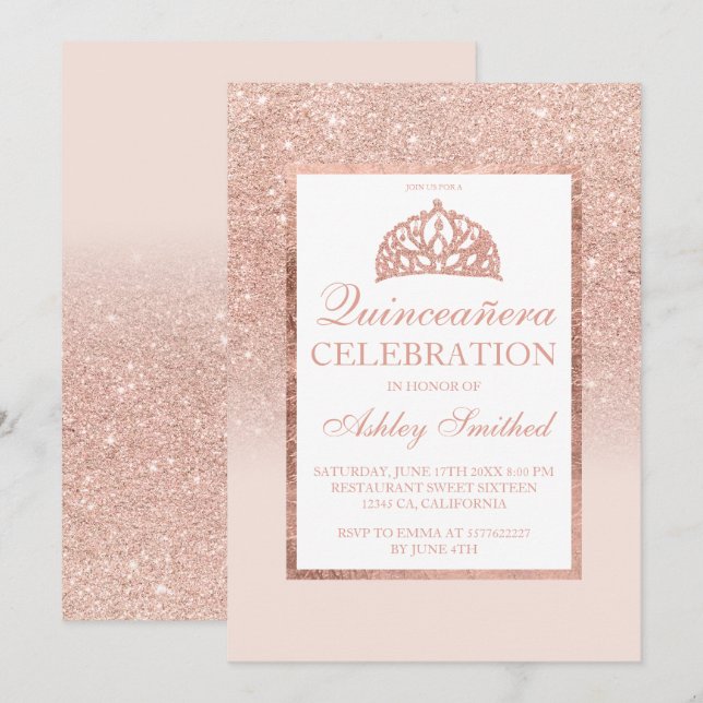 Rose gold glitter tiara elegant chic Quinceañera Invitation (Front/Back)