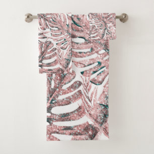 Rose Gold Glitter Tropical Palm Leaves Island Chic Bath Towel Set