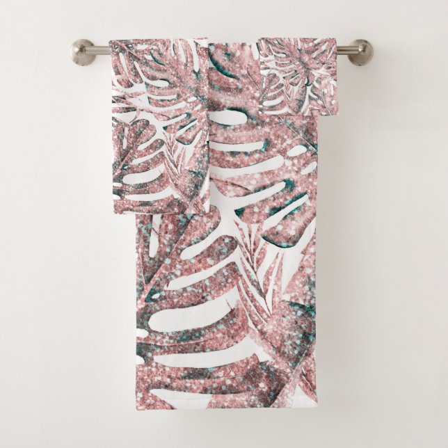 Rose Gold Glitter Tropical Palm Leaves Island Chic Bath Towel Set (Insitu)