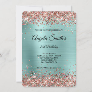 Rose Gold Glitter Turquoise Foil Fancy Monogram Invitation
