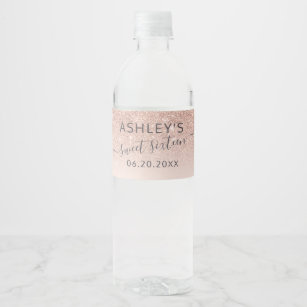 Rose gold glitter typography blush pink Sweet 16 Water Bottle Label