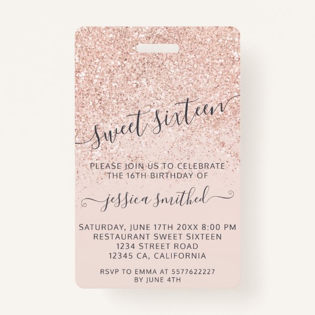 Rose gold glitter typography blush Sweet 16 VIP Badge (Back)