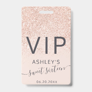 Rose gold glitter typography blush Sweet 16 VIP Badge
