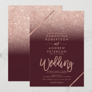 Rose gold glitter typography burgundy wedding invitation