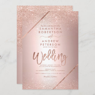 Rose gold glitter typography metallic foil wedding invitation