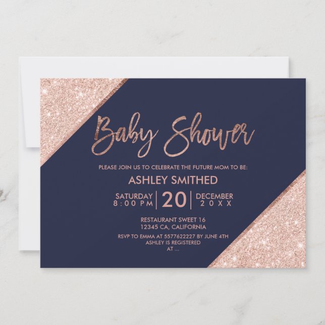 Rose gold glitter typography navy blue baby shower invitation (Front)