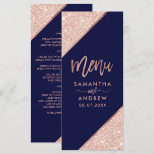 Rose gold glitter typography navy wedding menu