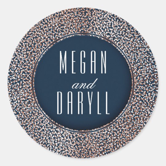 Rose Gold Glitter Vintage Confetti Navy Wedding Classic Round Sticker