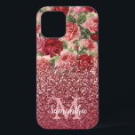 Rose Gold Glitter Vintage Red Pink Rose Floral iPhone 12 Case<br><div class="desc">Chic, Elegant, Vintage, Pink, Pale violet red, rose floral personalized name and monogrammed iphone case. Romantic, girly design features vintage floral in pink, pale violet red roses background and a bottom dark rose gold and burgundy glitter overlay. You can customize with your name and monogram initial. If you do not...</div>