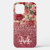 Rose Gold Glitter Vintage Red Pink Rose Floral